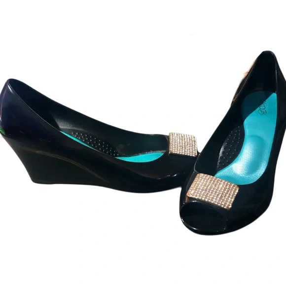 OKA b. Dark Blue Open Toe Rhinestone Pumps Size 9 - Picture 2 of 6